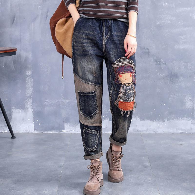 Hello Studio Vintage Stijl Hoge Taille Denim Broek Vrouwen Mode Borduren Losse Jeans Vrouwelijke Herfst Winter Plus Size Vrouwen Harembroek S
