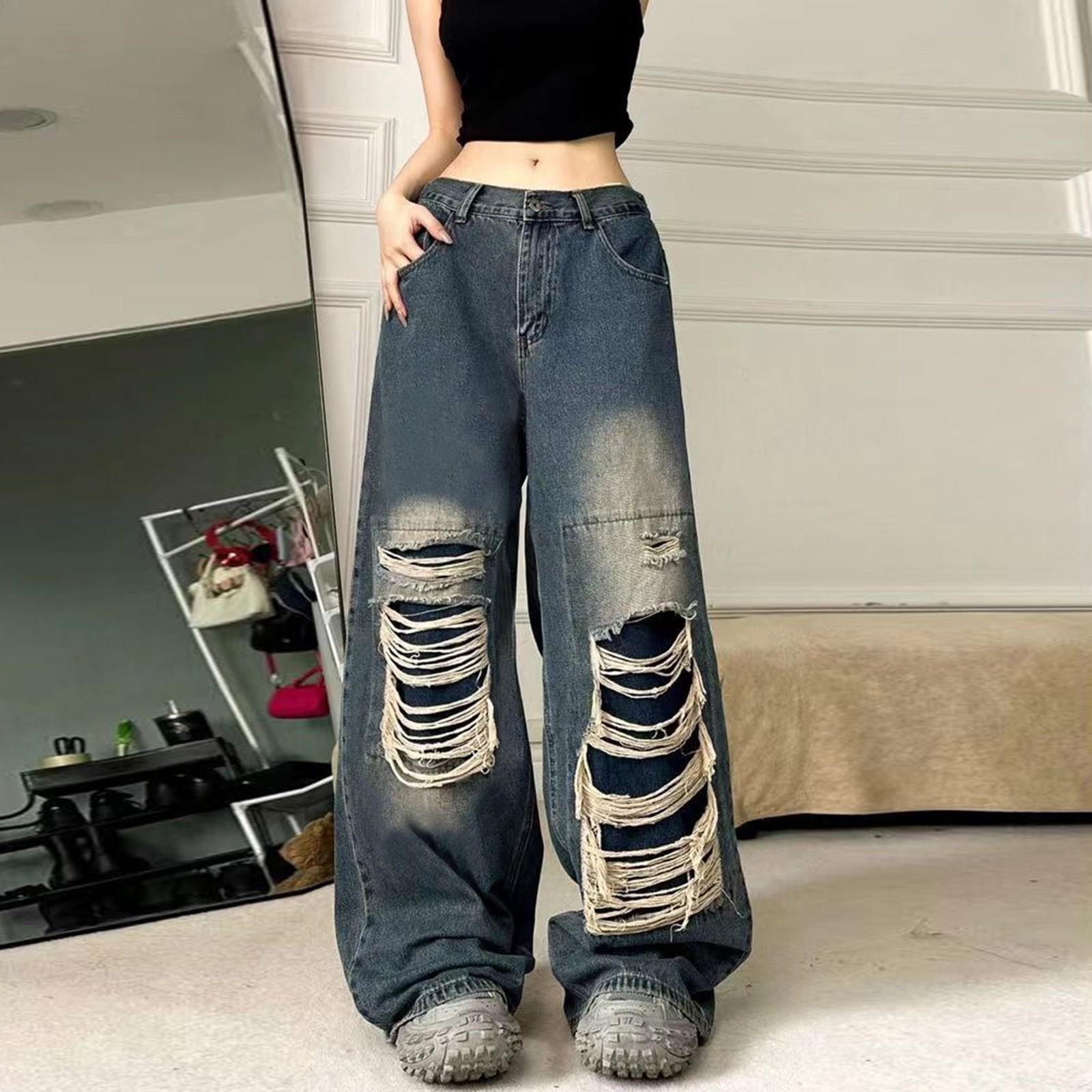 Ren Bag Vintage gescheurde jeans voor dames, losse rechte pijpen, wijde pijpen, dweildenimbroek XL blauw