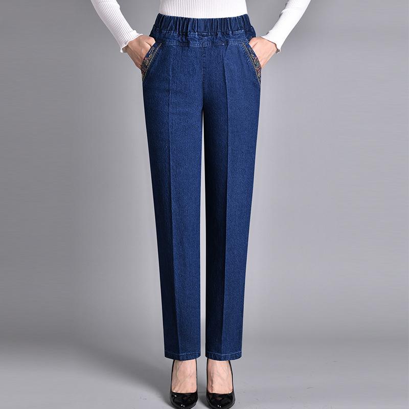 Marll Dames Losse Elastische Taille Stretch Moederbroek Lente en Herfst Jeans Casual Hoge Taille Middelbare Leeftijd en Oudere Plus Fluweel Donker Damesbroek XXXXXL