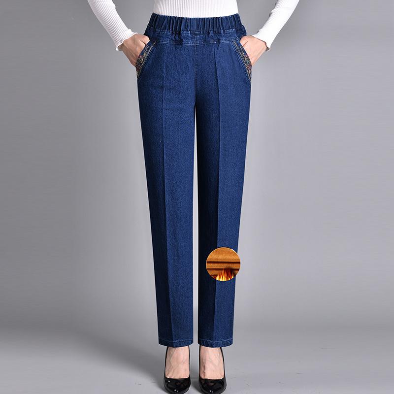 Marll Dames Losse Elastische Taille Stretch Moederbroek Lente en Herfst Jeans Casual Hoge Taille Middelbare Leeftijd en Oudere Plus Fluweel Donker Damesbroek XXXL