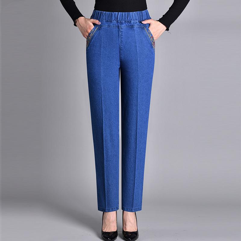 Marll Dames Losse Elastische Taille Stretch Moederbroek Lente en Herfst Jeans Casual Hoge Taille Middelbare Leeftijd en Oudere Plus Fluweel Donker Damesbroek L