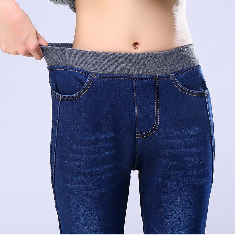 Qiu Yi Herfst- en winterdamesbroeken, grote maten gewatteerde jeans, verdikte elastische taille, elastische leggings, potloodbroeken, denim jeans 38 donkerblauwe kleur