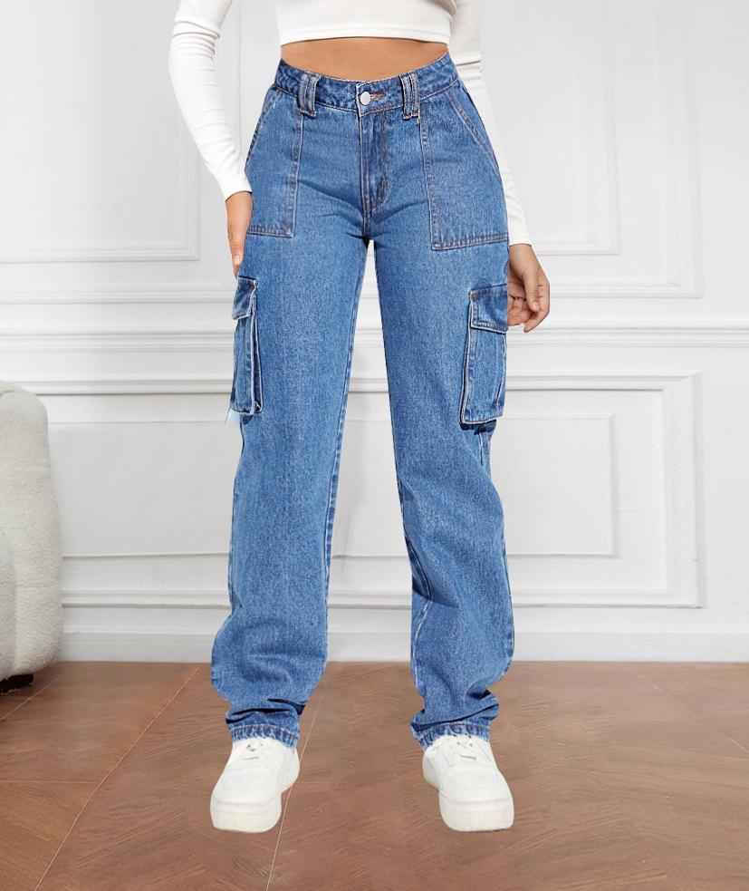CANVAUS Tide Retro Mid Waist Multi-Pocket Workwear Jeans Dames Casual Rechte Broek XXL blauw
