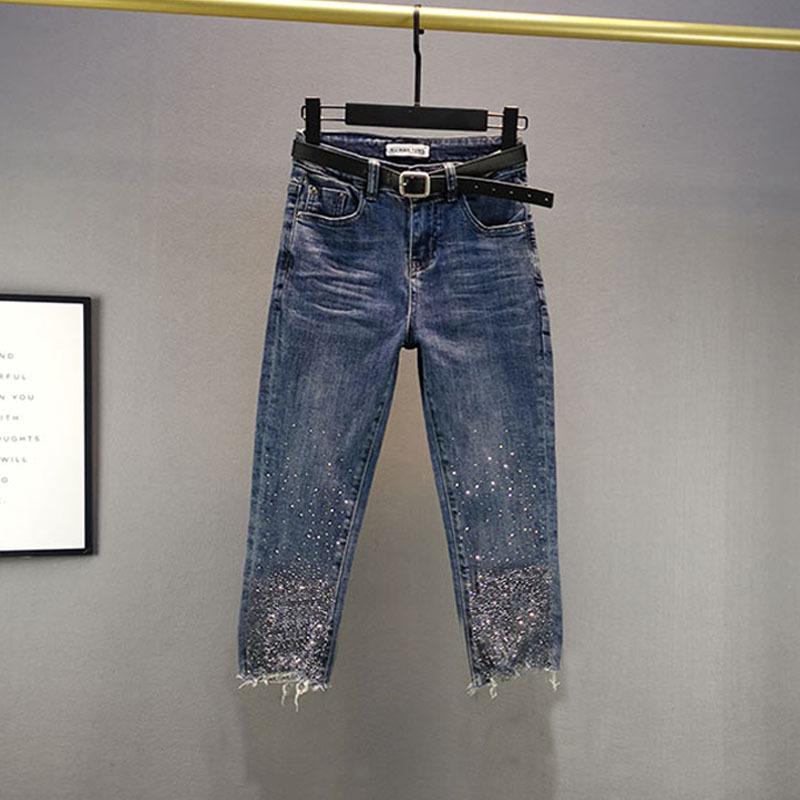 VantaGoods 2024 Zomer Dames Slim Fit Hoge Taille Diamant-Verfraaide Cropped Denim Broek 28
