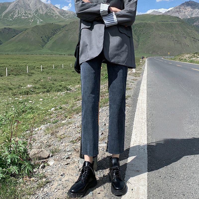 VantaGoods Dames Blauw-Grijze Hoge Taille Elastische Cigarette Jeans - Slim, Losse Pasvorm, 2021 Negen Punten Rechte Broek 25