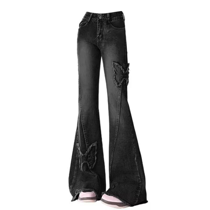 VantaGoods Amerikaanse stijl dames hoge taille losse flared jeans in grote maten Large zwarte grijze kleur