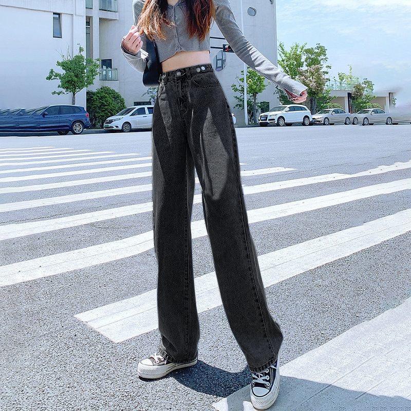 VantaGoods Dames Koreaanse Stijl Retro Hoge Taille Rechte Jeans - Zomer Slim Fit BF Stijl Wijde Pijpen Broek S