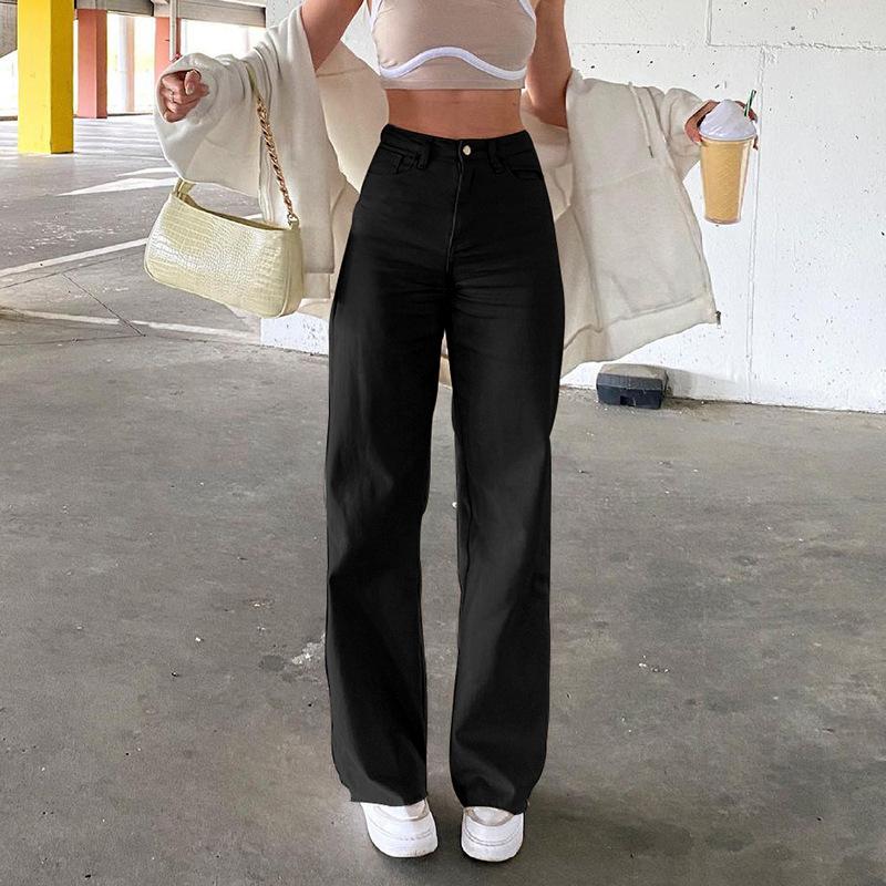 Delicate-Y Effen kleur jeans Dames losse en slanke rechte broek met hoge taille S zwart