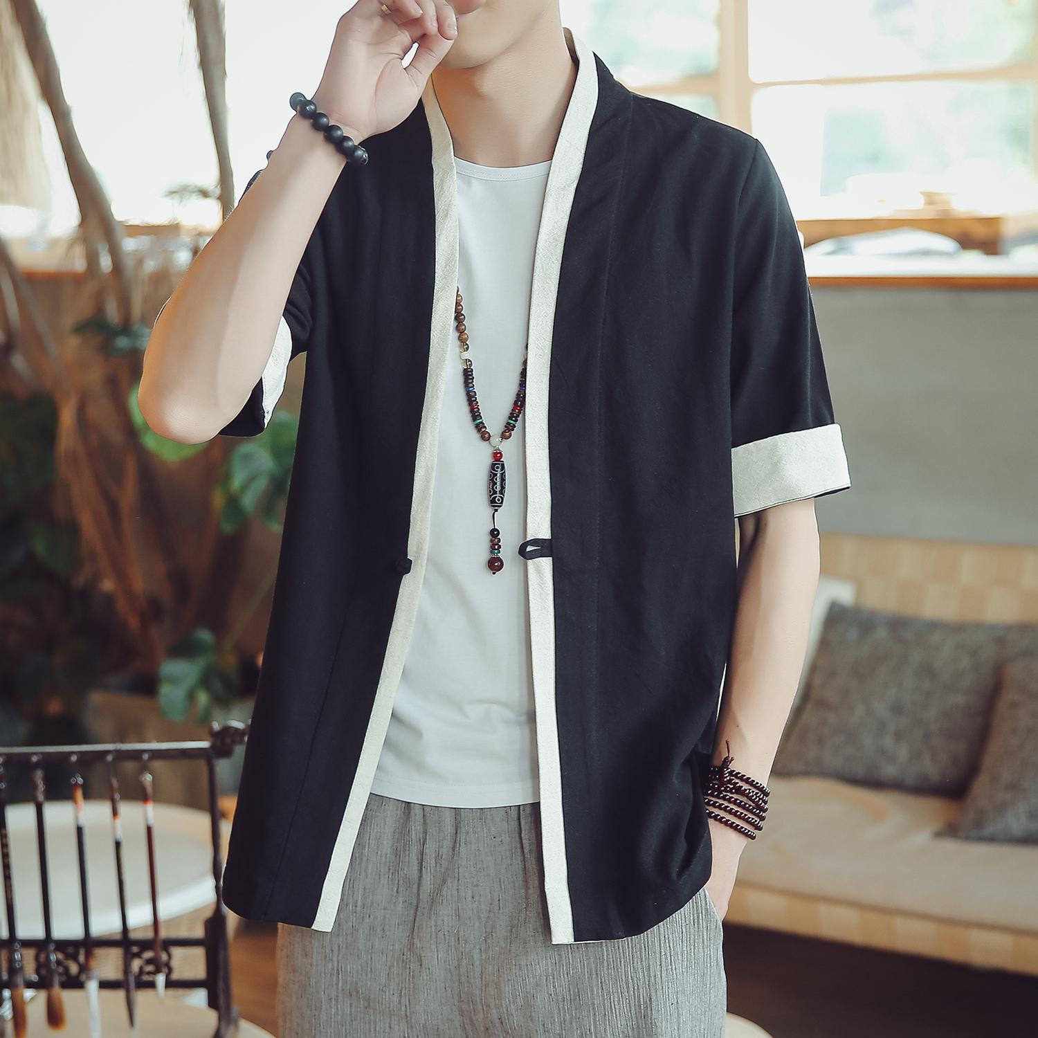DSorothy Hanfu Shirt Jurk Mannen Japanse Kimono Robe Haori Blouse Chinese Stijl Kraan Geborduurde Tang Pak Casual Cardigan Streetwear Jas L zwart