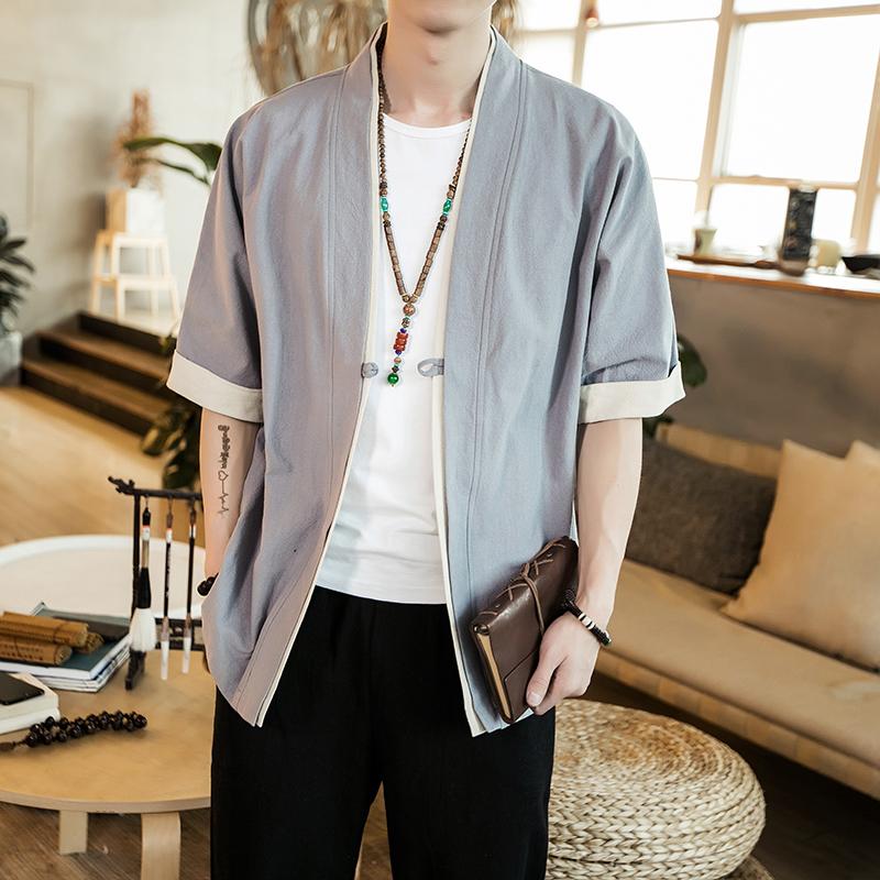 DSorothy Hanfu Shirt Jurk Mannen Japanse Kimono Robe Haori Blouse Chinese Stijl Kraan Geborduurde Tang Pak Casual Cardigan Streetwear Jas M grijs