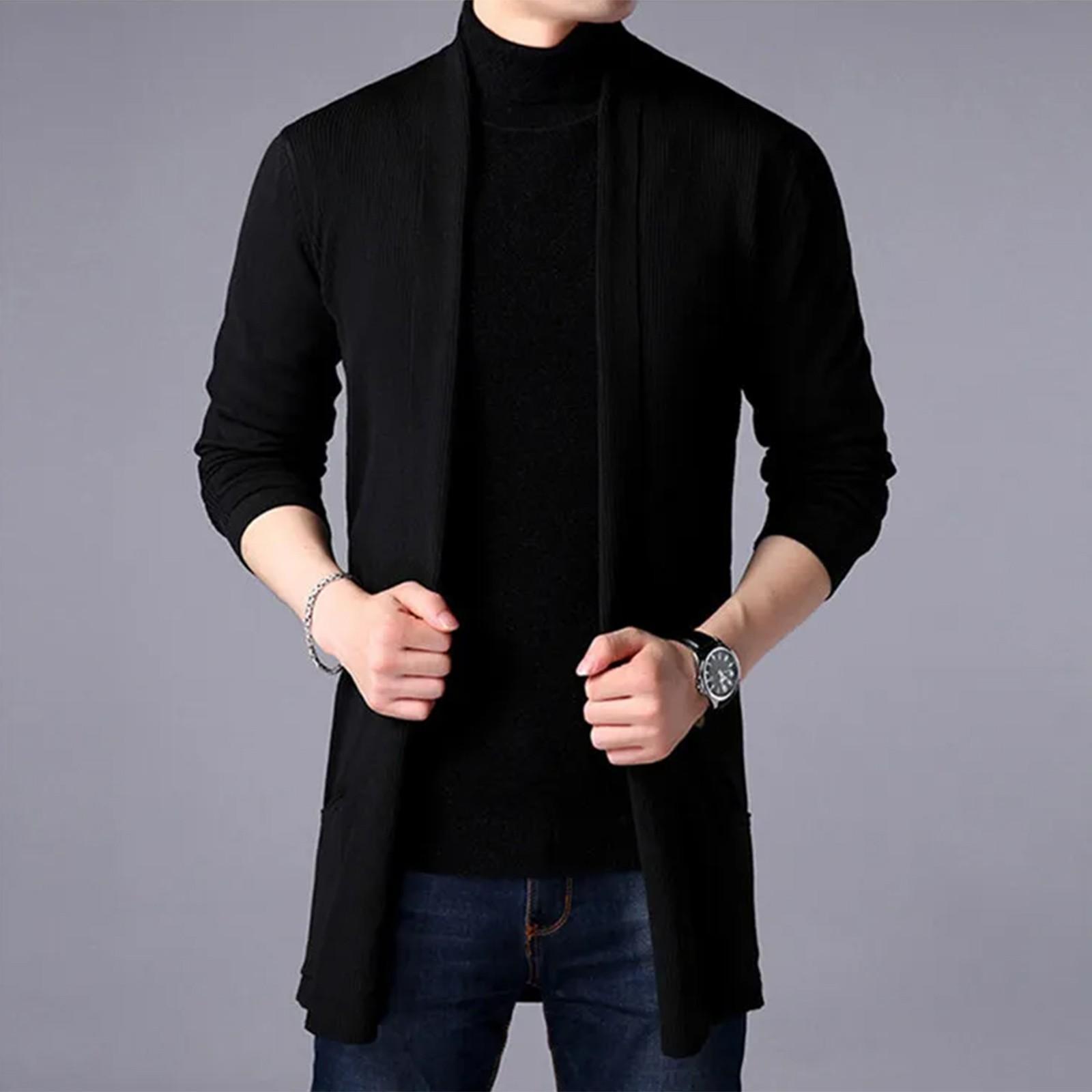Niubiplus Heren lange gebreide effenkleurige cardigan Herenmode Casual Zak Trui Topjas L zwart