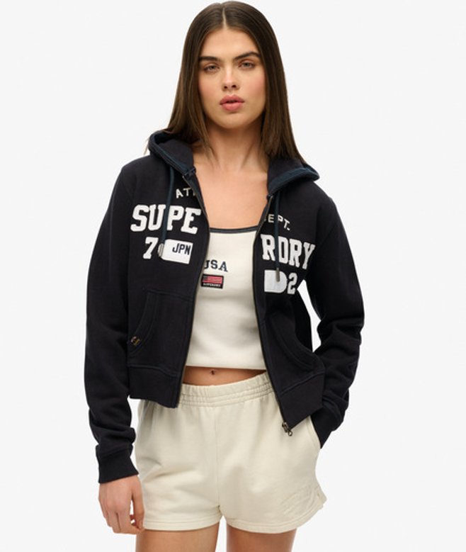 Superdry Athletic Essentials Korte Hoodie met Rits en Losse Pasvorm Blauw