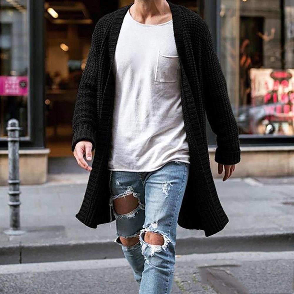 Niubiplus Heren Lange Stijl Herfst En Winter Losse Gebreide Cardigan Lange Mouw Trui Heren Tops M zwart