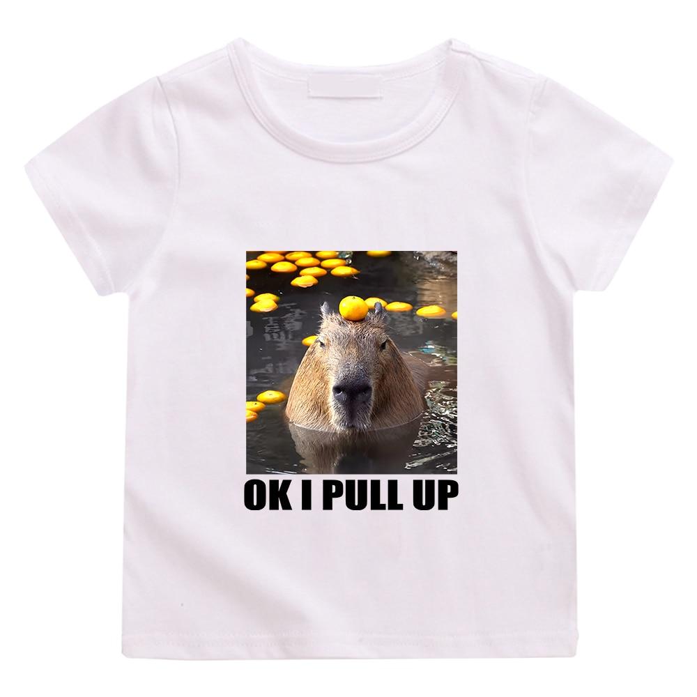 Rice grain childrens clothing factory direct sales OK I PULL UP Capibara Leuke Print T-shirt Korte Mouw 100% Katoen Kinder T-shirt Kawaii Cartoon Grafische Afdrukken T-shirt Zacht 100 wit