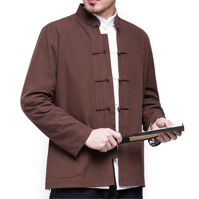 CM56GE Herfst mannen Chinese Stijl Katoen Linnen Jas Losse Kimono Vest Mannen Effen Kleur Linnen Bovenkleding Jas Jassen 190 koffie