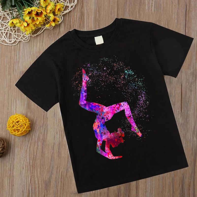 Xuhaijian02 Aquarel Gymnastiek T-shirt Nieuw Kindermeisje T-shirt Kawaii gymnastiek kunst Top Tee Mode Kinderkleding Cartoon Zwarte T-shirts 150