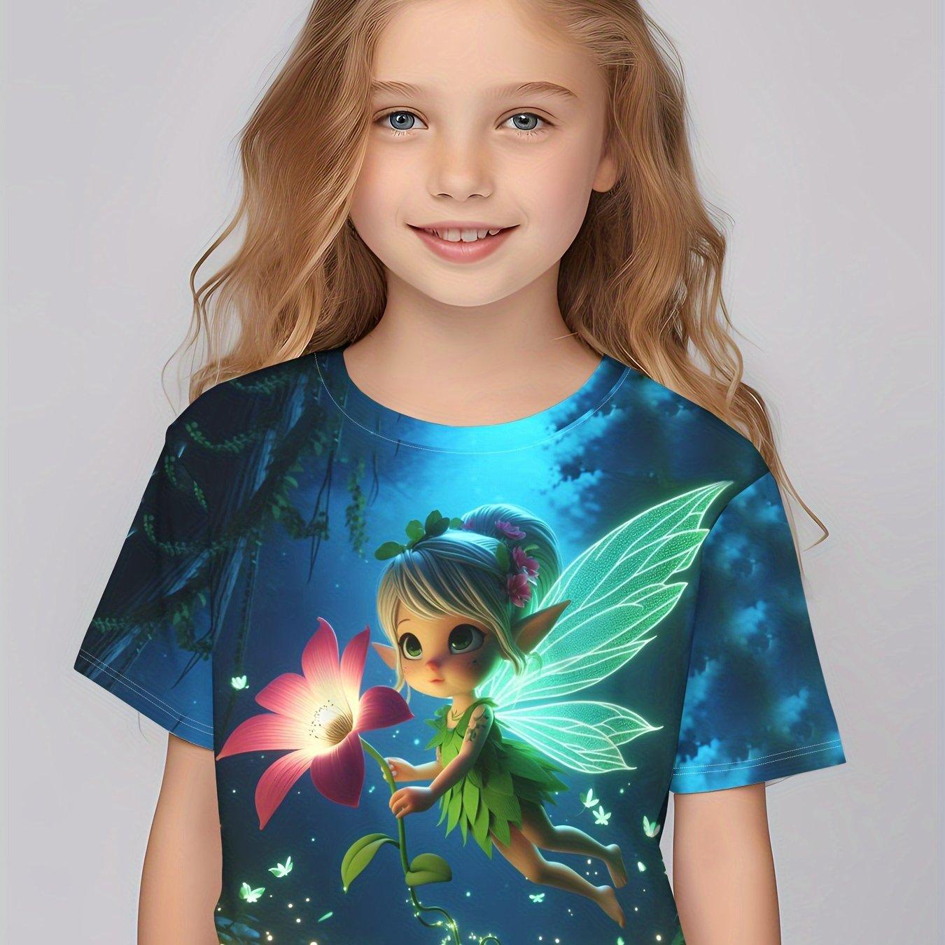 Xuhaijian02 Kinderkleding Meisjes Betoverende 3D Fee Print Korte Mouw T-shirt Tops Comfortabele Ronde Hals Casual T-shirts Kinderkleding Meisjes 140