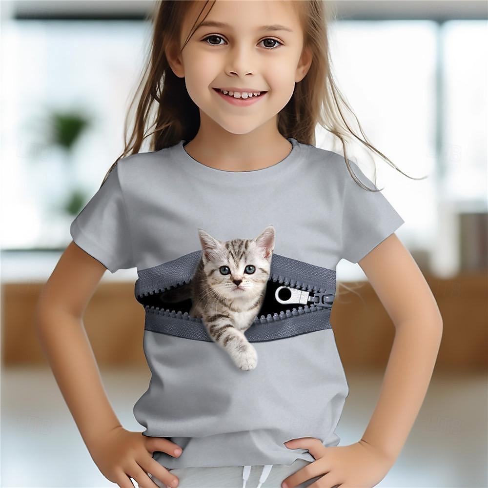 HerSight Kinderkleding voor meisjes 3D-kattenprint T-shirt met korte mouwen Kinderkleding Modekostuums voor meisjes Top voor de leeftijd van 2 tot 12 jaar 140