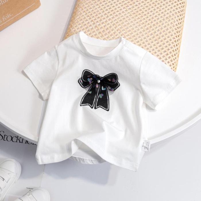 VantaGoods Koreaans katoenen T-shirt met strik voor kinderen (zomer 2025) – modieus en schattig voor meisjes 140 wit