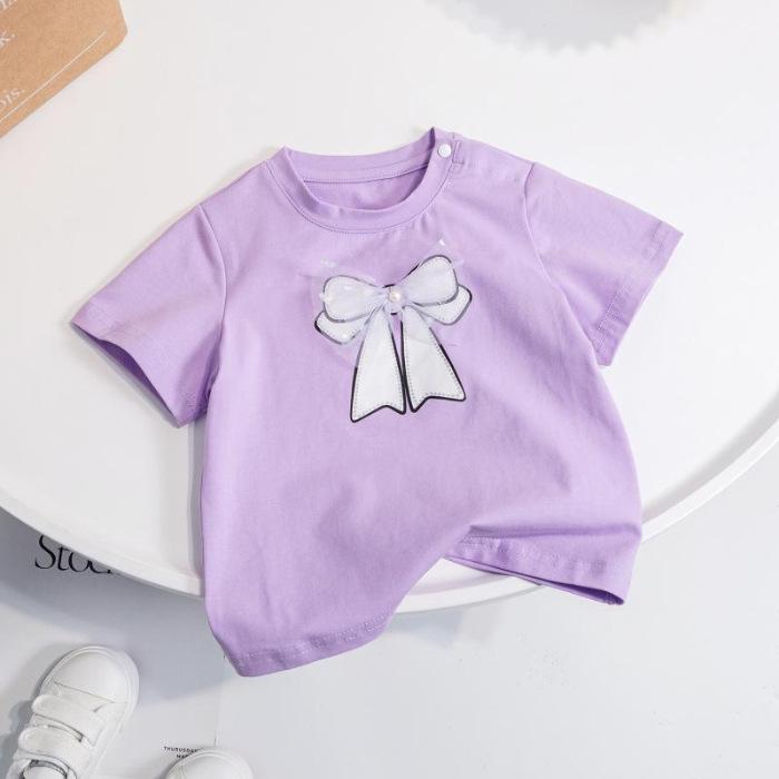 VantaGoods Koreaans katoenen T-shirt met strik voor kinderen (zomer 2025) – modieus en schattig voor meisjes 90 paars