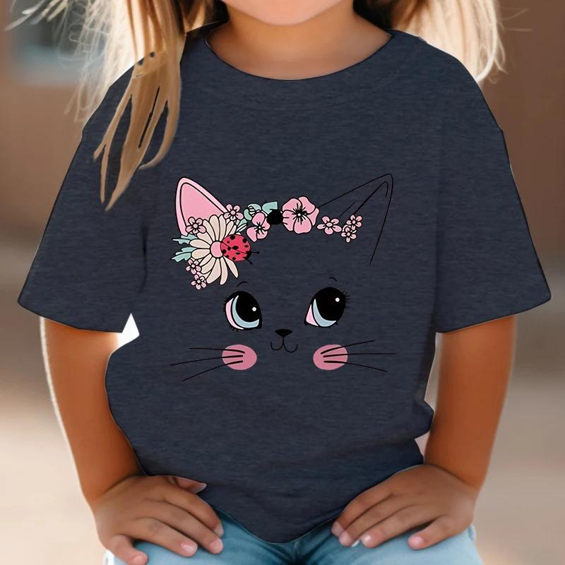 Etst 003 Zomer kinder T-shirt Bloemen Kat Grafisch Shirt Meisjes Bloemen Kitty Tops Wit Korte Mouw Wild Tee Schattig Dier Cartoon Kat T-shirt 110cm