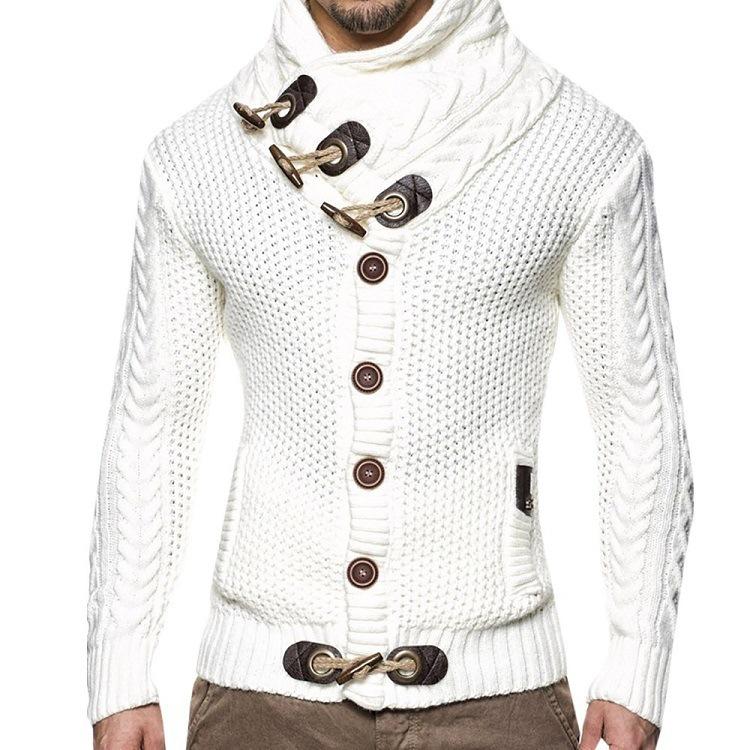 VantaGoods Europese maat heren hoge kraag slank gebreid vest met hoornen knopen en sjaalkraag voor herfst en winter S wit