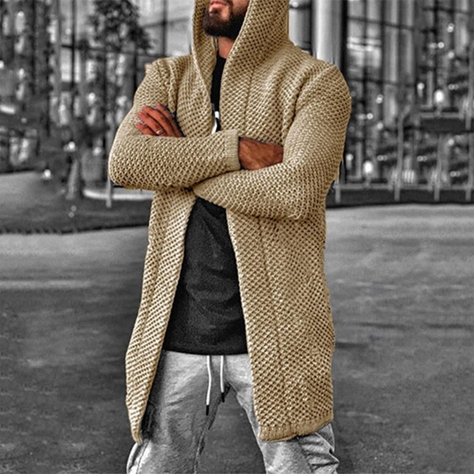 Wahaha123 Europa en Amerika Heren Cardigan Effen Kleur Capuchon Hoge Hals Trui Jas Trui XXXL kaki