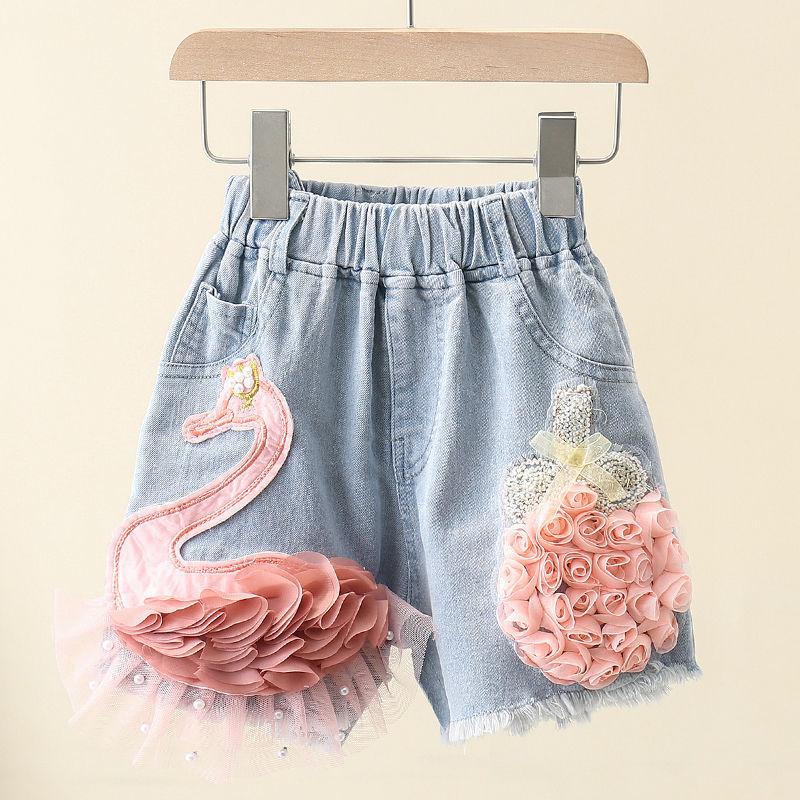 G.DUCK KIDS Meisjes denim shorts zomer tiener kinderen nieuwe Koreaanse schattige kant zwaan meisjes elastische taille korte jeans kinderkleding 160 blauw