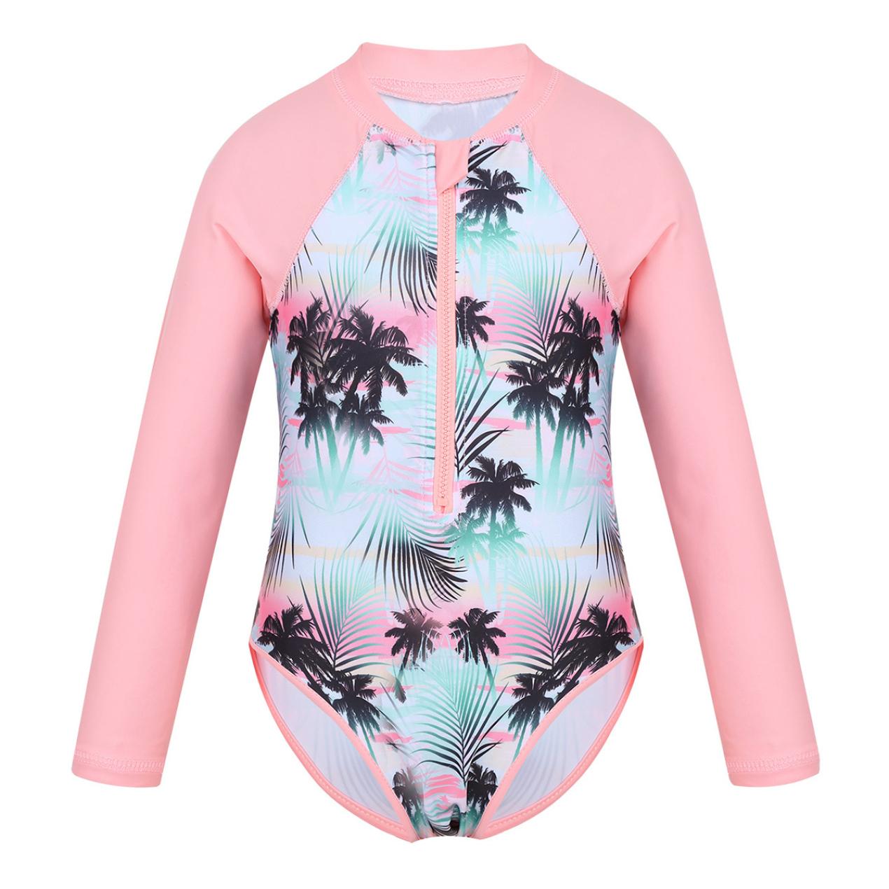 IEFiEL 2 Kinderen Meisjes Kinderen Badmode Strandkleding Lange mouwen Palm Gedrukt Badpak met Ritssluiting Kinderen Zwemmen Badpak Rash Guard 8-10Years roze