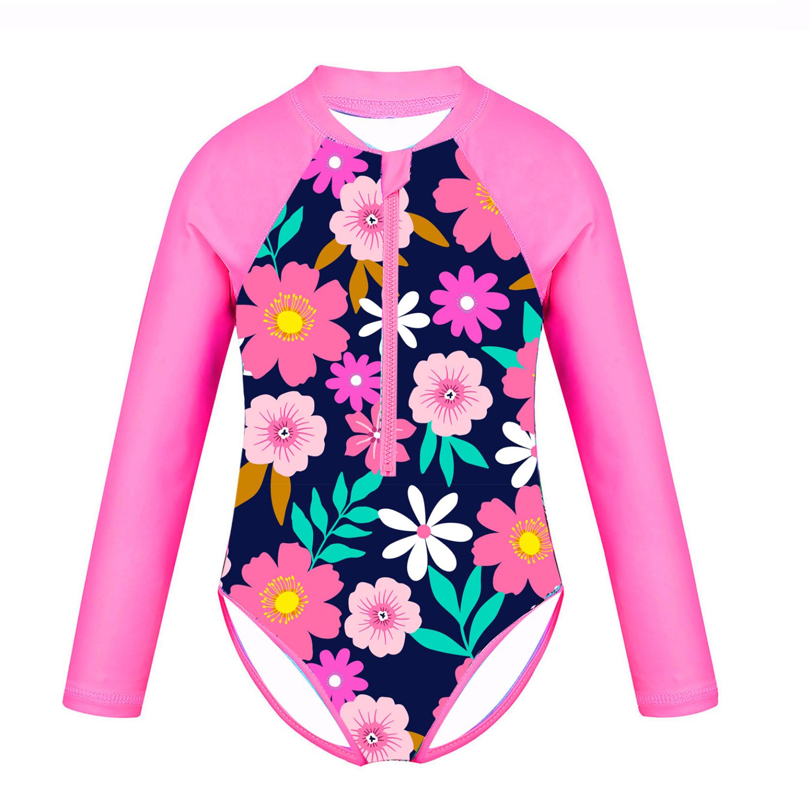 IEFiEL 2 Kinderen Meisjes Kinderen Badmode Strandkleding Lange mouwen Palm Gedrukt Badpak met Ritssluiting Kinderen Zwemmen Badpak Rash Guard 5-6Years rozerode kleur