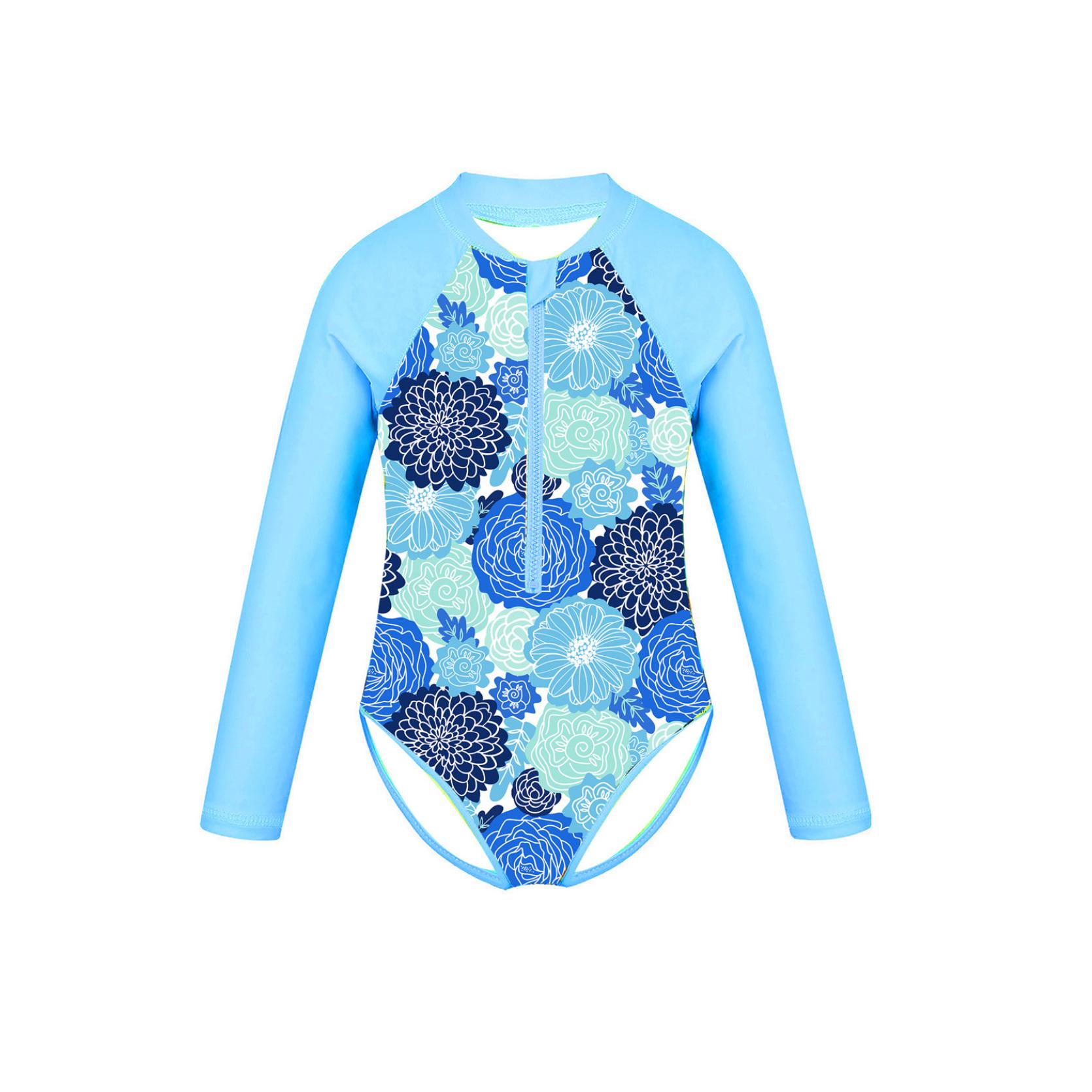 IEFiEL 2 Kinderen Meisjes Kinderen Badmode Strandkleding Lange mouwen Palm Gedrukt Badpak met Ritssluiting Kinderen Zwemmen Badpak Rash Guard 12-14Years blauw