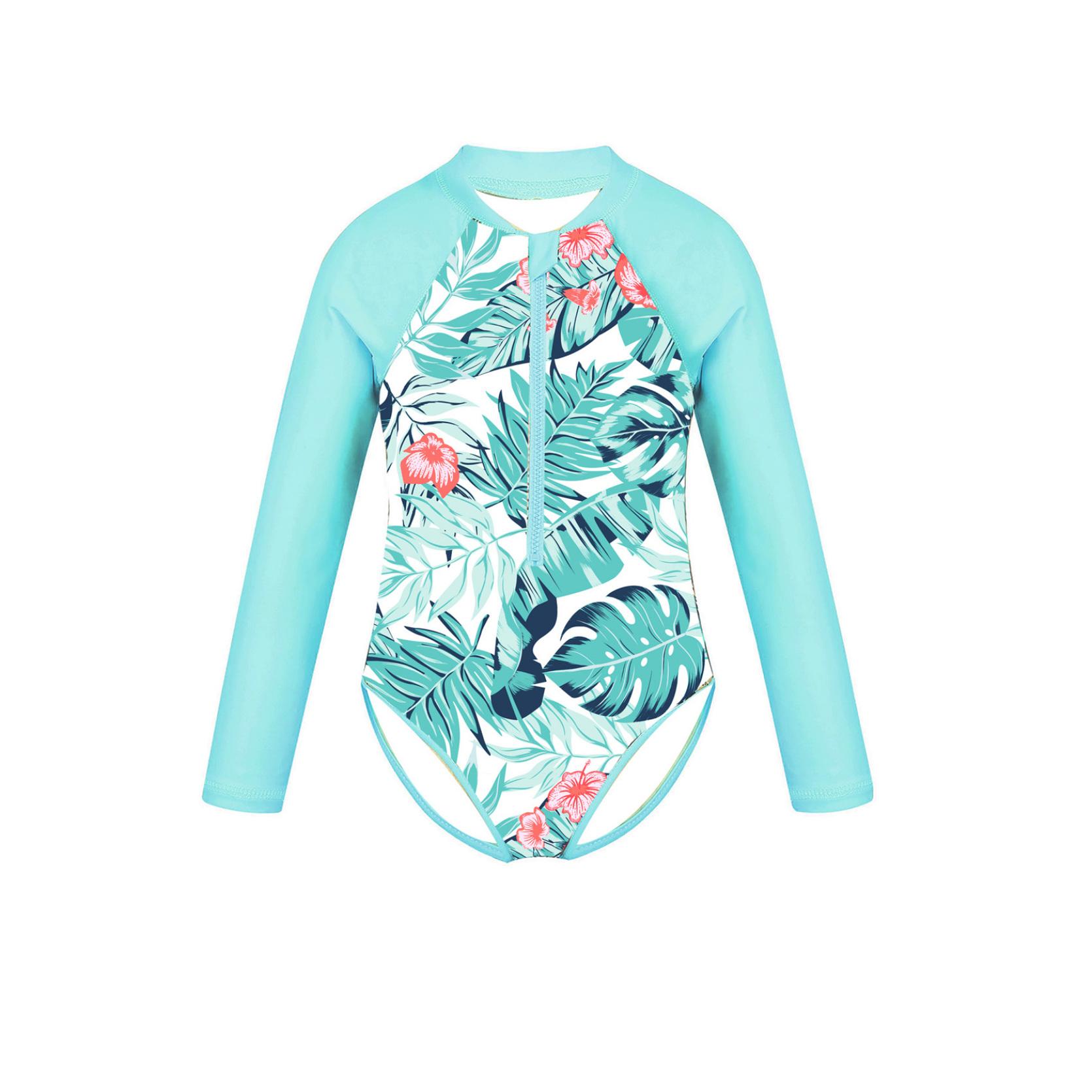 IEFiEL 2 Kinderen Meisjes Kinderen Badmode Strandkleding Lange mouwen Palm Gedrukt Badpak met Ritssluiting Kinderen Zwemmen Badpak Rash Guard 8-10Years mintgroene kleur