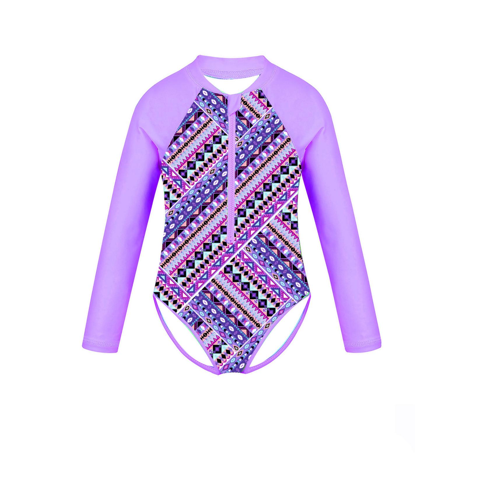 IEFiEL 2 Kinderen Meisjes Kinderen Badmode Strandkleding Lange mouwen Palm Gedrukt Badpak met Ritssluiting Kinderen Zwemmen Badpak Rash Guard 10-12Years paars