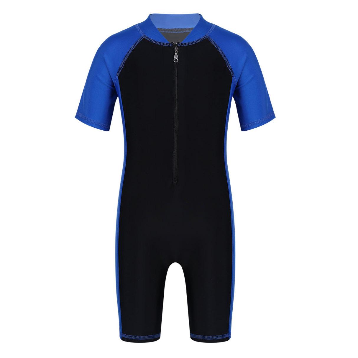 Inlzdz Badpak voor kinderen, jongens, meisjes, UPF 50+ UV-badpak uit één stuk, 3-16 jaar 9-10 Years blauw/zwart