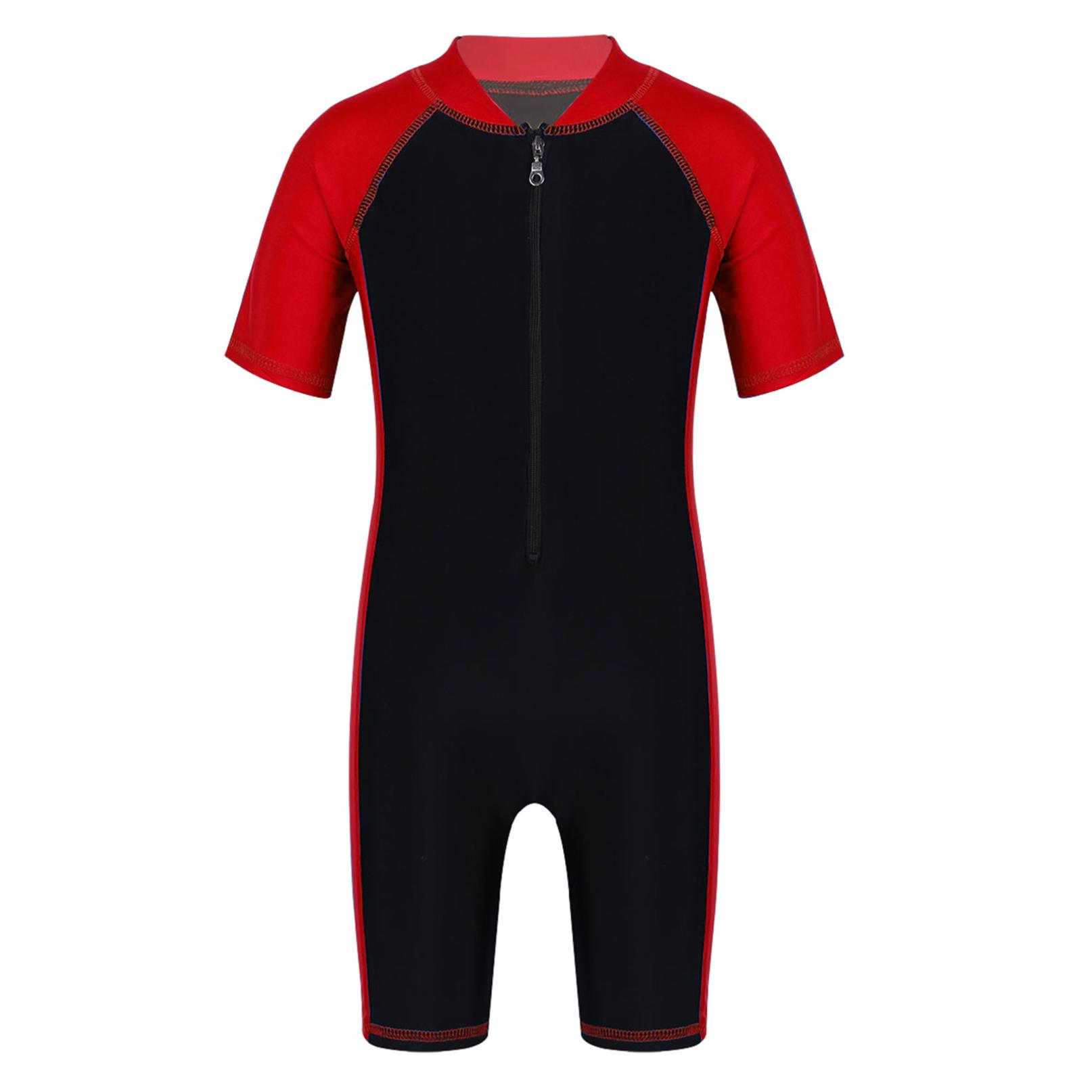 Inlzdz Badpak voor kinderen, jongens, meisjes, UPF 50+ UV-badpak uit één stuk, 3-16 jaar 15-16 Years rood/zwart