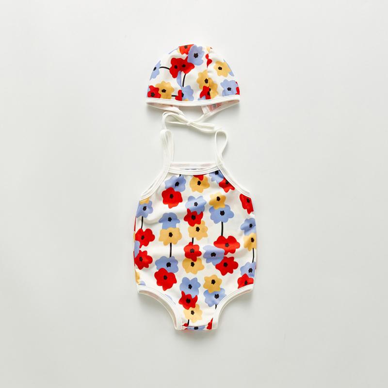 BOOSKU Babymeisjes bloemen bikini strand zomer badmode met hoedenset 80