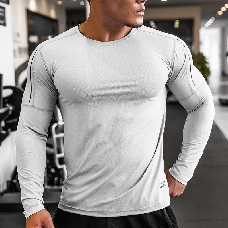 Shedao Pro Fitness Sporting Heren sportkleding Gym T-shirts Lange mouwen Compressie Snel drogende hardloopshirts Ronde hals Sporttop XL grijs witte kleur