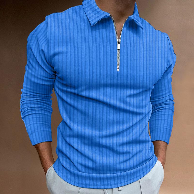 HerSight Lente Herfst Gestreept Heren Polo Shirt Lange Mouw Patchwork Kleur Rits Revers Kraag T-shirt Heren Top M blauw