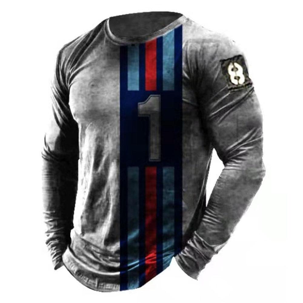 Haojun Vintage digitaal bedrukt gestreept T-shirt, Street Fashion Motorcycle Heren T-shirt met lange mouwen en tops. L