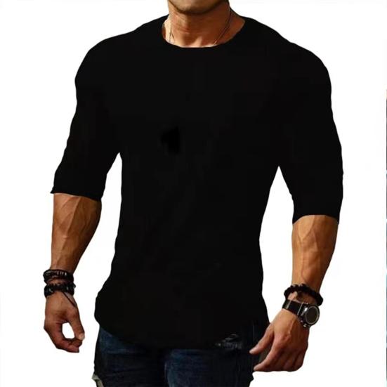Tianhangyuan O-hals lange mouwen effen kleur heren top buitensport elastisch slim fit herfst T-shirt M zwart