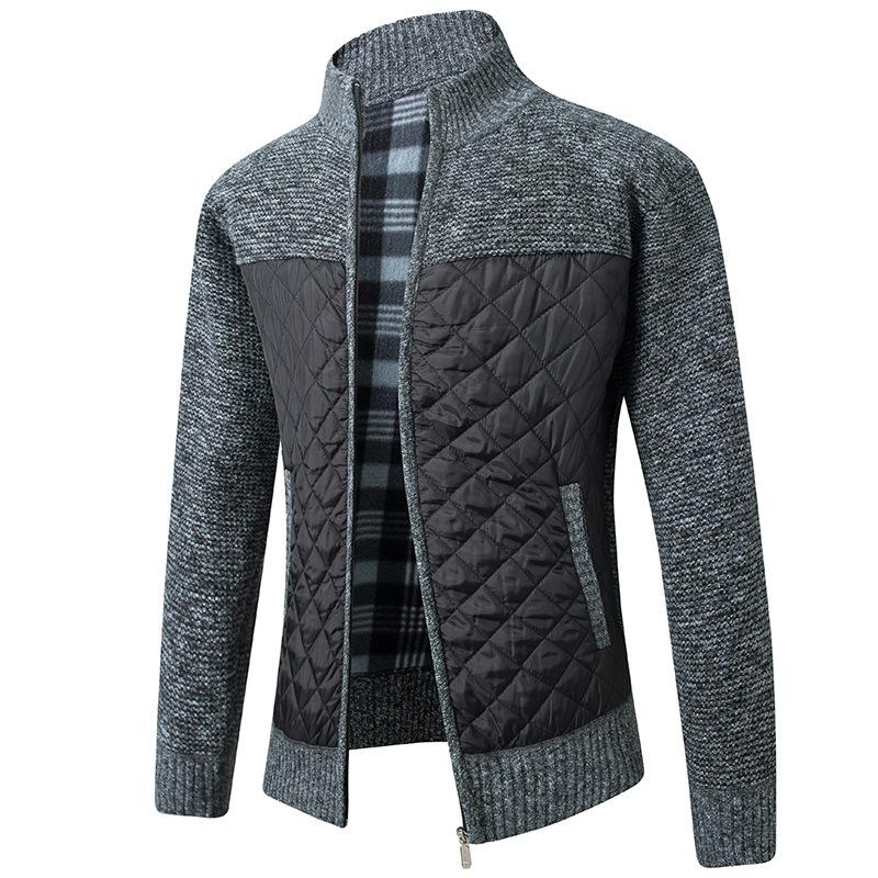 MJ-Fashion Herfst en winter heren opstaande kraag gestreept geruit plus fluweel mode kleur bijpassende warme gebreide jas trui 3XL
