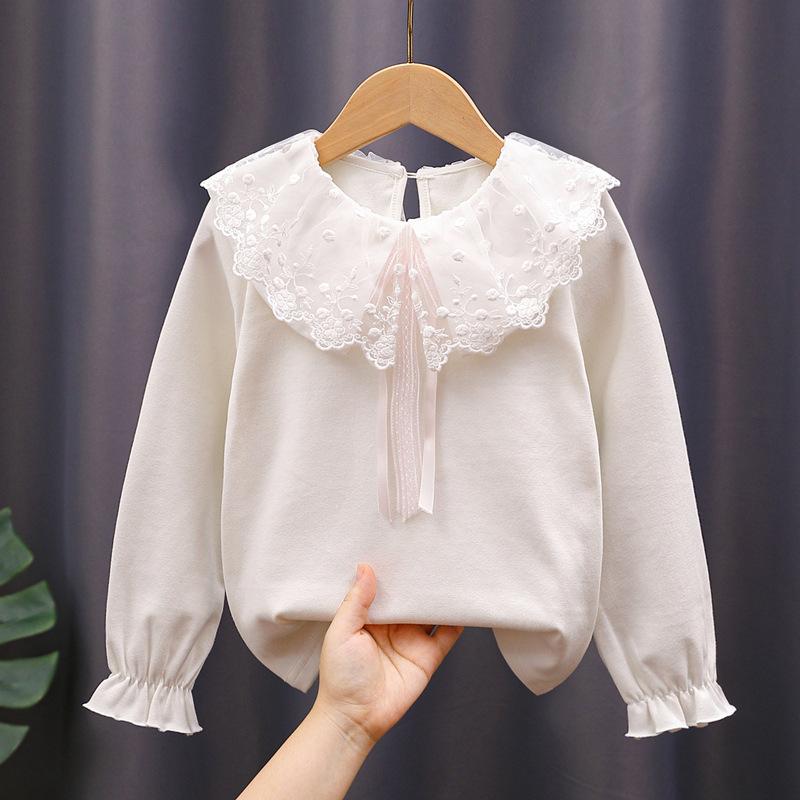 G.DUCK KIDS Witte shirts voor meisjes Lange mouwen Ruffle meisjesblouses Lente Herfst Schoolmeisjes Kanten shirt Prinsessen tops 130