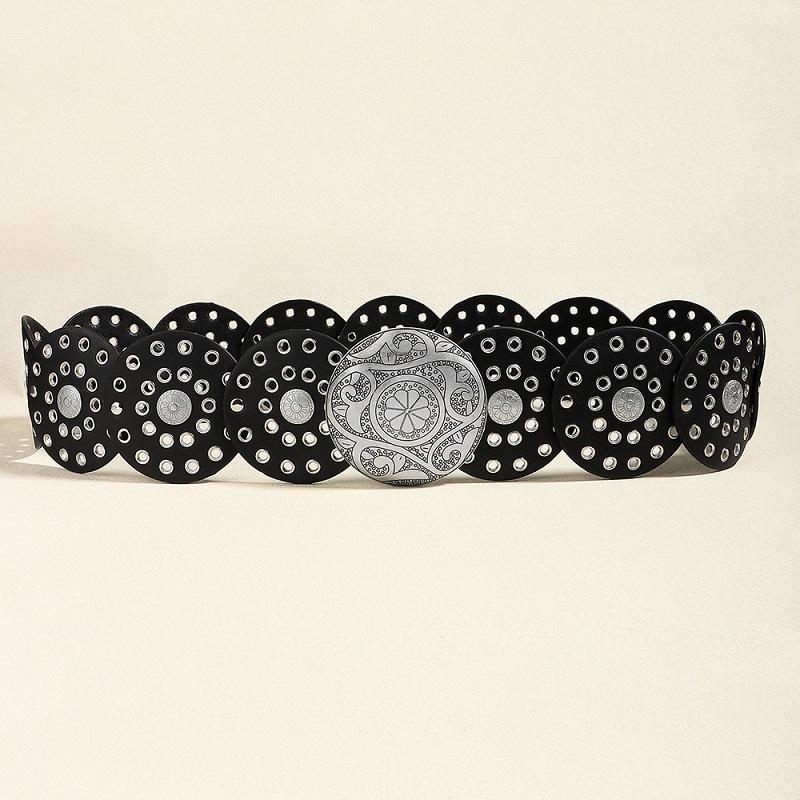 COOLERFIRE FASHION Dames westerse denim riem van hoge kwaliteit metalen holle dames trend brede tailleband vintage gepersonaliseerde ronde riemen DT148 115CM