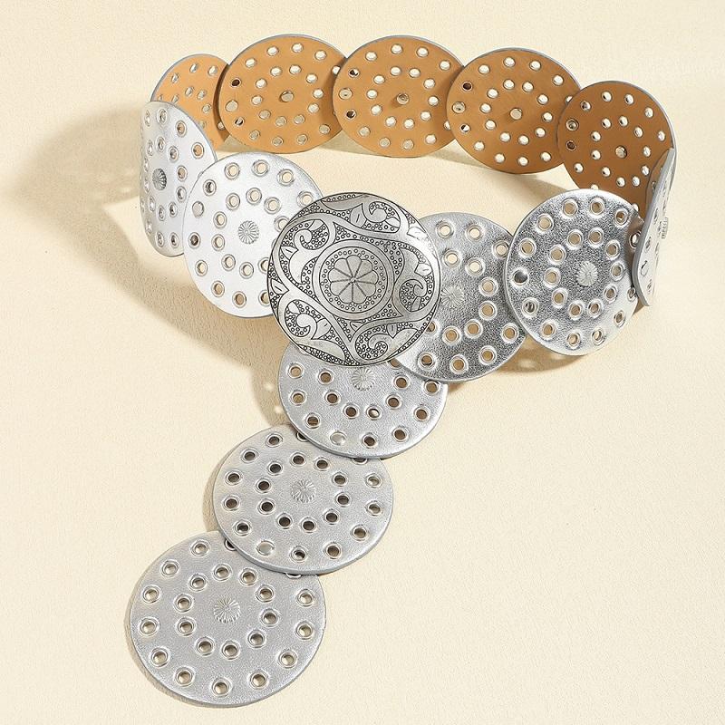 COOLERFIRE FASHION Dames westerse denim riem van hoge kwaliteit metalen holle dames trend brede tailleband vintage gepersonaliseerde ronde riemen DT148 115CM