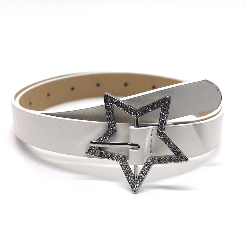Paiaowang Veelzijdige leren riem met strass-pentagramspeld en gesp, dunne tailleband voor vrouwen en meisjes wit