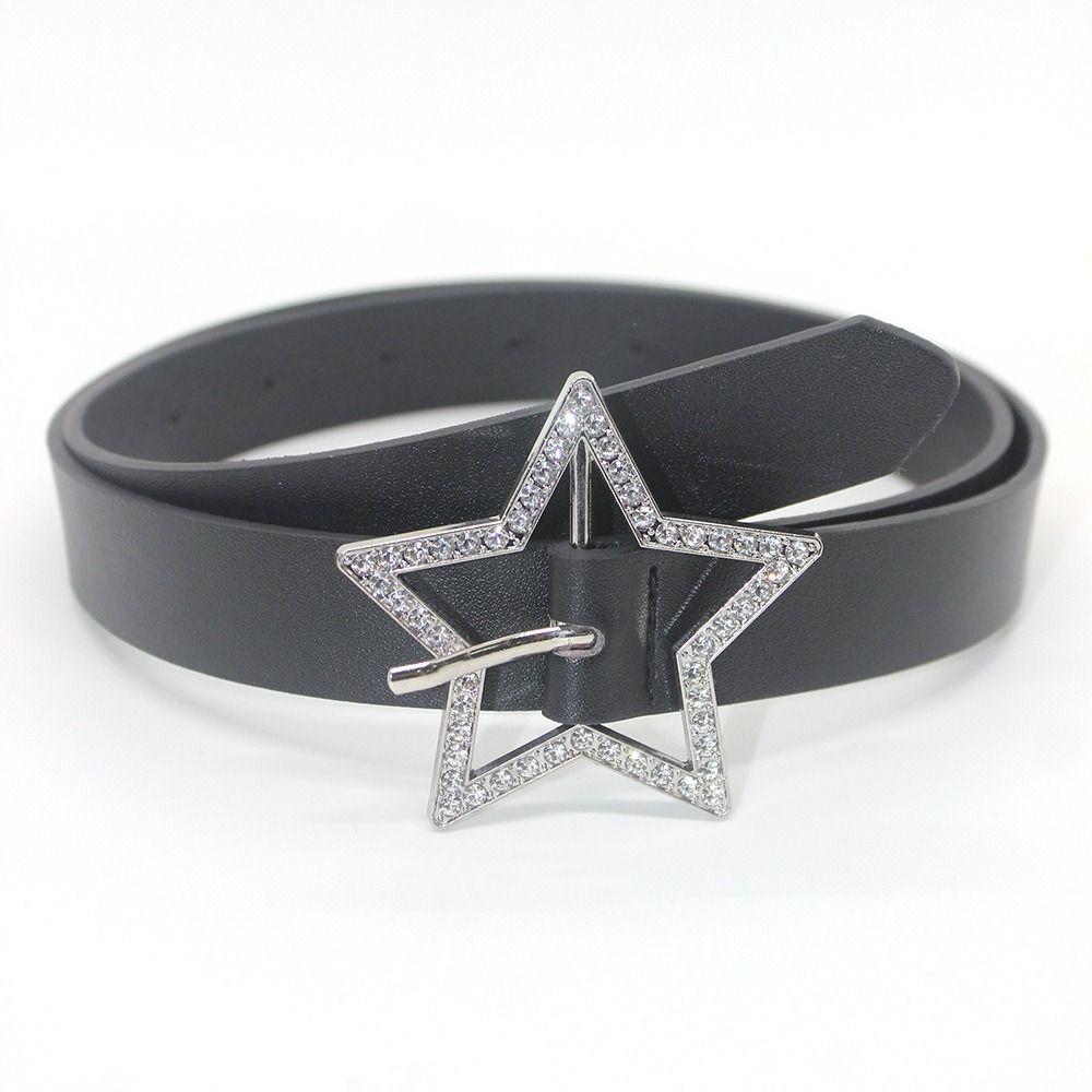 Paiaowang Veelzijdige leren riem met strass-pentagramspeld en gesp, dunne tailleband voor vrouwen en meisjes zwart