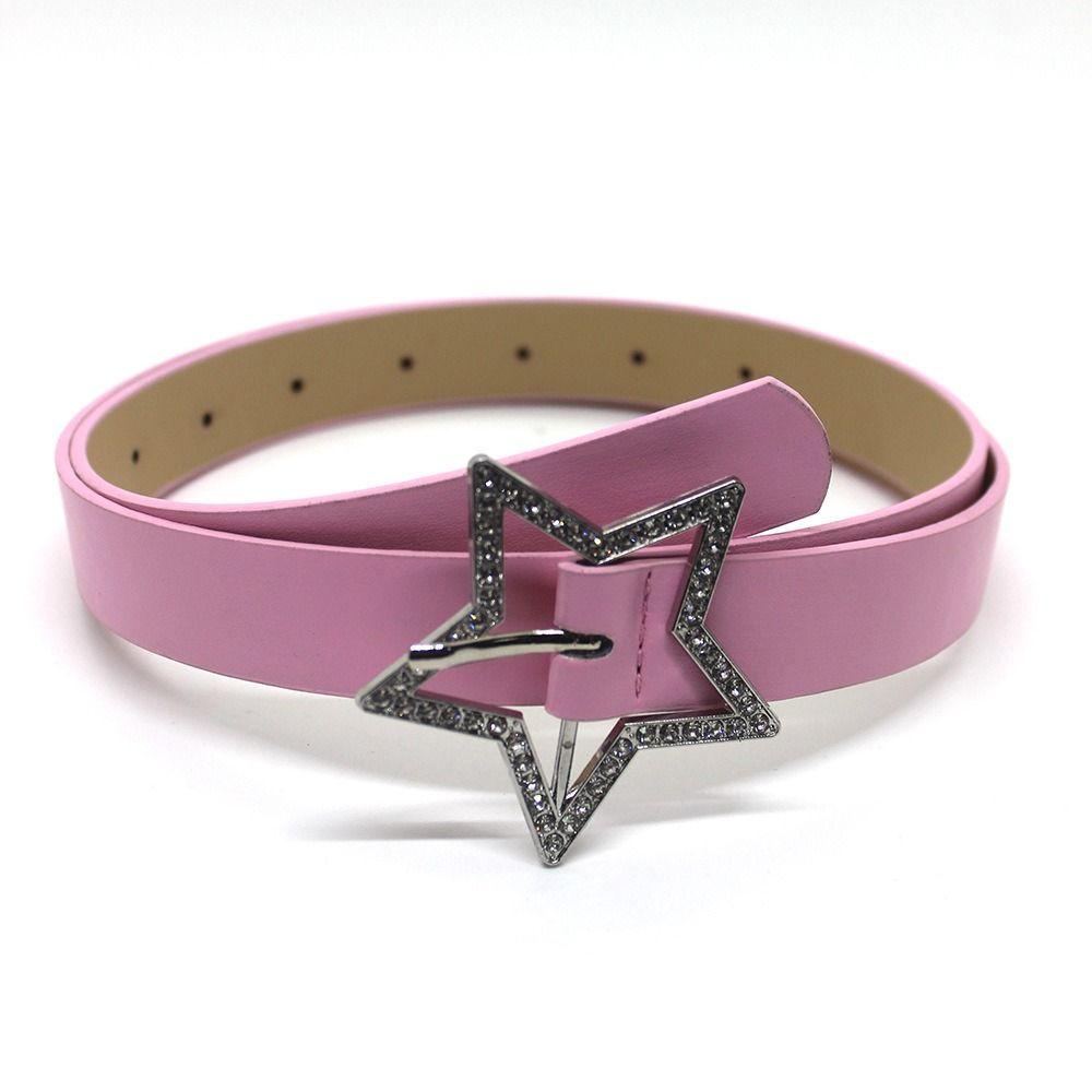 Paiaowang Veelzijdige leren riem met strass-pentagramspeld en gesp, dunne tailleband voor vrouwen en meisjes roze