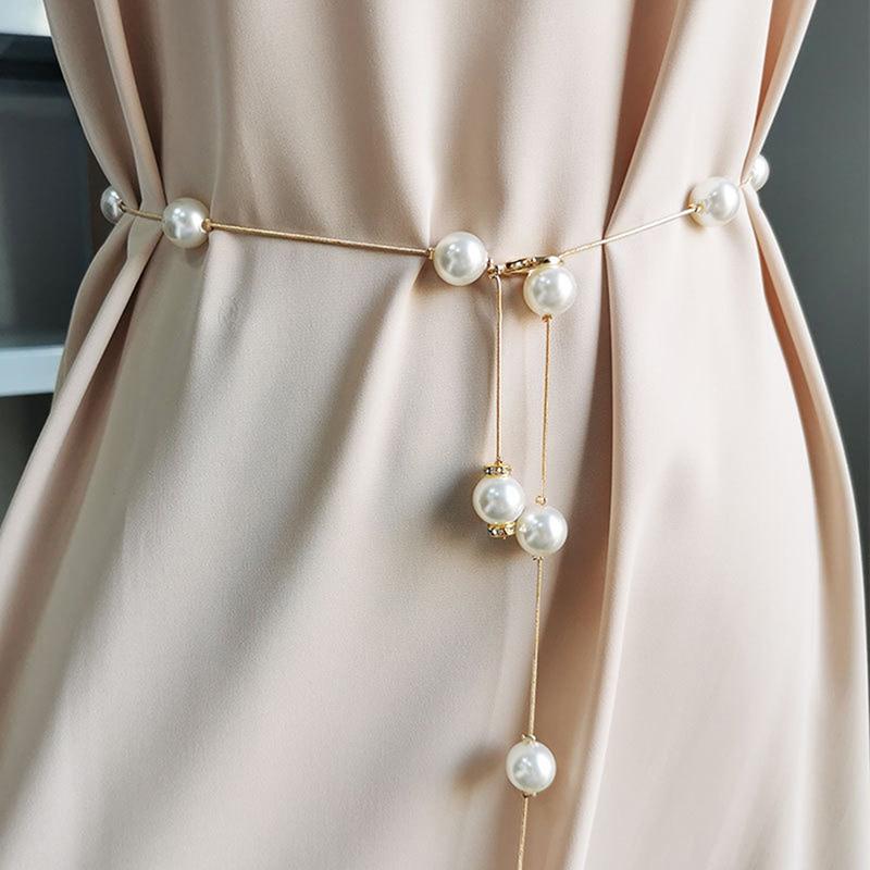 Three Meows Parel Dames Riem Dunne Ketting Riem Voor Dames Jurk Skinny Tailleband Decoratief goud
