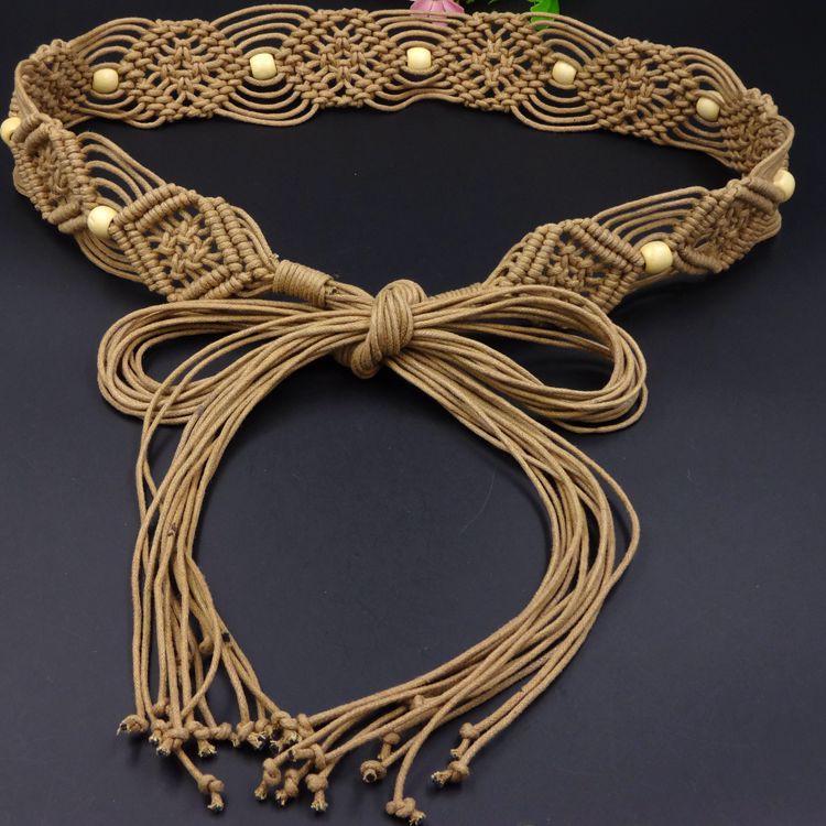 CrossCart Bohemian Wax Rope gevlochten bloemen dames riemketting 170 cm kaki