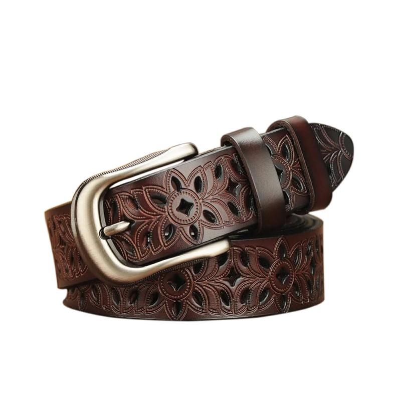 MAITA Elite Fashions Vrouwen riem hol patroon kunstleer koeienhuid lederen riem met vintage pin gesp dames jeans bruin